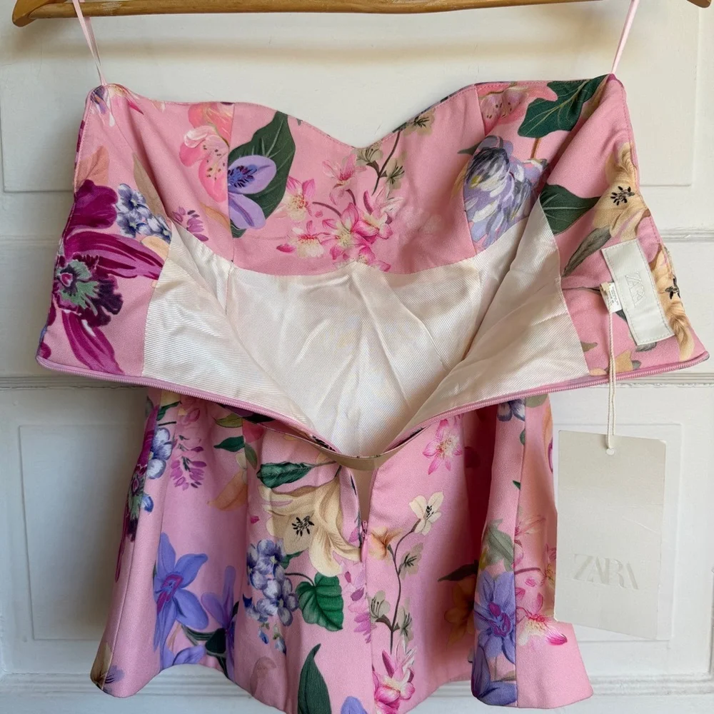 Zara Floral Sweetheart Corset Top Belted Bardot Pink NWT XS - Picture 7 of 10